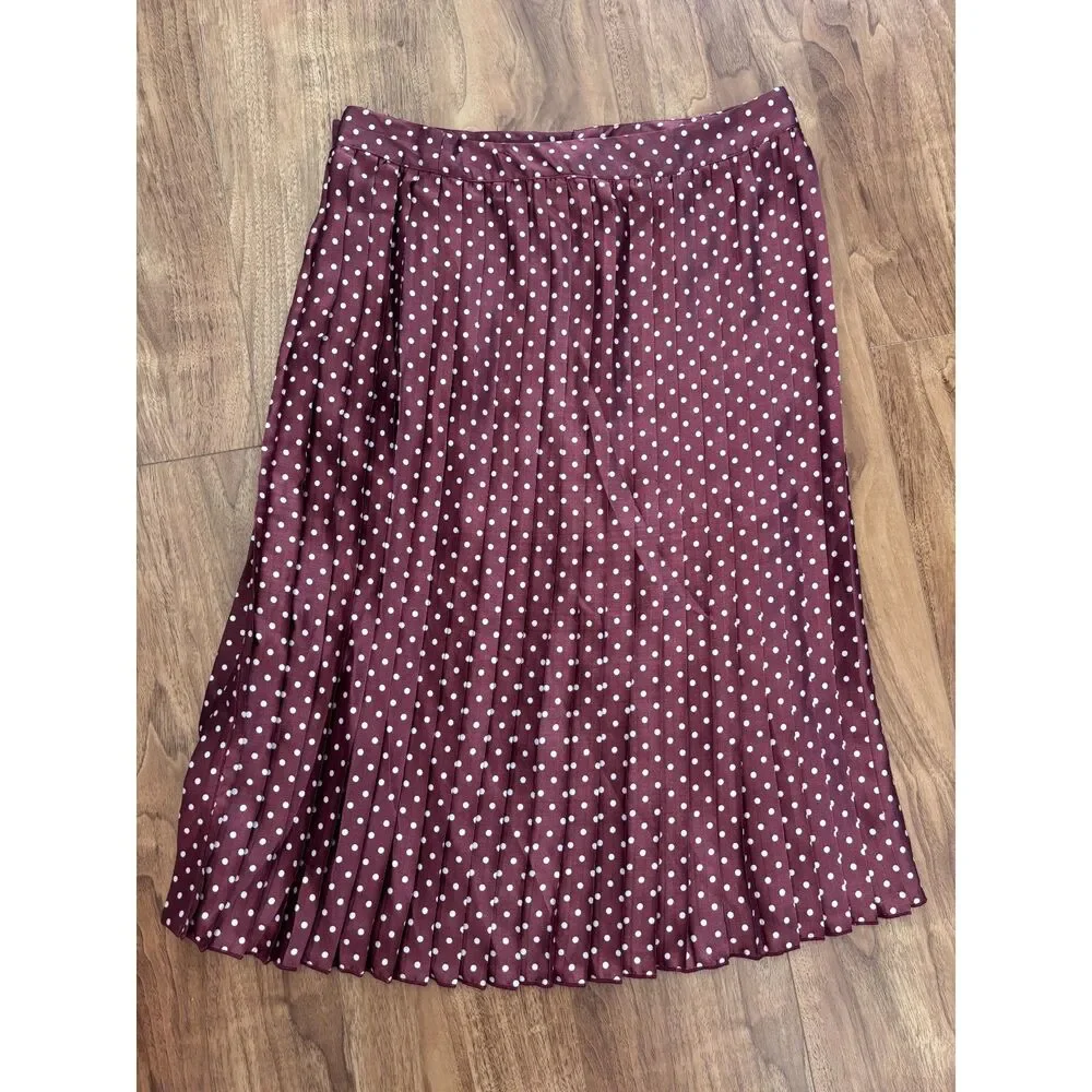 Zara Polka Dot Pleated Midi Skirt Burgundy Wine Button Front Large NWT